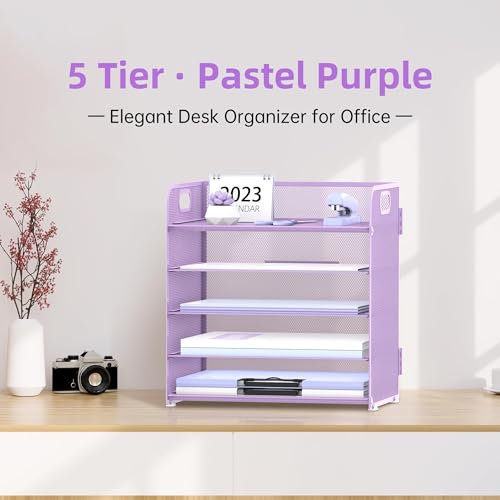 Image of 2 Pack 5-Tier Purple Desk Organizer with Handle Mesh Desk File /Paper Organizer Letter Tray for Office, School and Home Easy Installation Purple Office Supplies