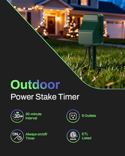 BN-LINK Outdoor Power Stake Timer Waterproof, 24-Hour Mechanical Timer with 6 Grounded Outlets, 6FT Extension Cord for Halloween/Christmas Decor Lights, ETL Listed