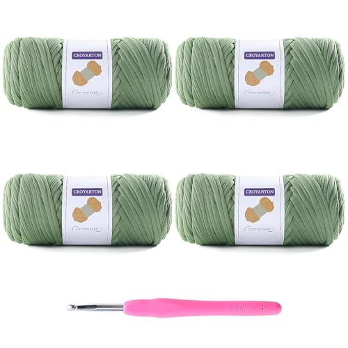 Image of 4 Pack Tshirt Yarn for Crocheting, Elastic T Shirt Spaghetti Thick Knitting Yarn Total Length 260 Yds for Crochet Bag Baskets Home Decor with 1 Crochet Hook (4-Avocado Green)