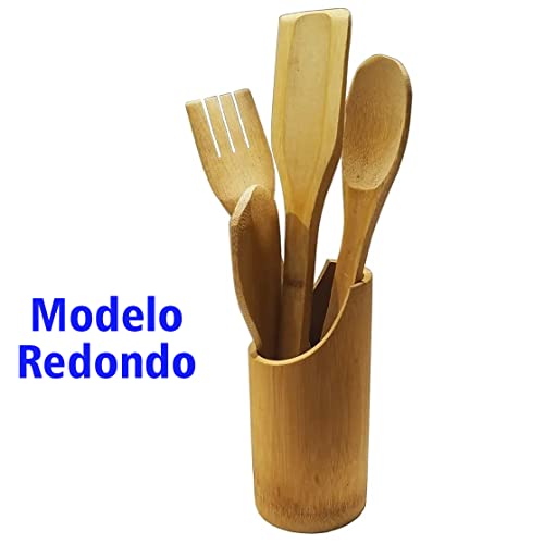 Kit Colher Bambu Culinário Pau Suporte Utensílios Cozinha Natural Ecológico Conjunto (Redondo)