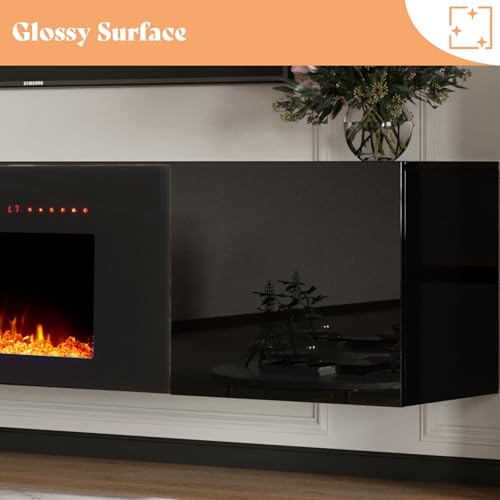 Image of AMERLIFE Floating Fireplace TV Stand, Wall Mounted Mirrored Entertainment Center with 40 inch Electric Fireplace, Modern LED Lights Media Console for TVs Up to 90 inch, Black