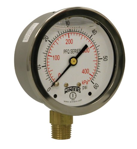 Image of Winters 2-1 /2 inch Dial Size, Liquid Filled Industrial Pressure Gauge, Brass Internals, 304 Stainless Steel Case, Dual Scale 0-60 psi /kPa, 1.5% Acc, 1 /4 inch NPT Bottom Mount, Glycerin Filled Pressure Gauge