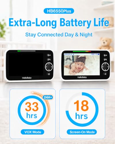 Image of HelloBaby 6'' World First IPS 30H Battery Split-Screen Video Baby Monitor with Camera and Audio, No WiFi, Pan-Tilt-Zoom, VOX, 2-Way Talk, Night Vision, 8 Lullabies, 1000ft, for New Parents /Elderly