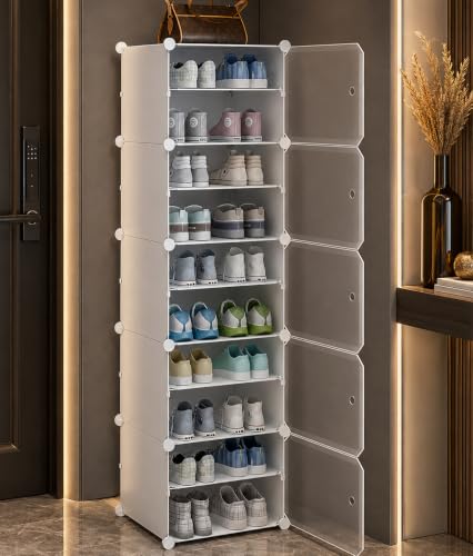 Image of AYSIS Premium Foldable Plastic Shoe Rack for Home, ๐ ๐๐จ๐จ๐ซ ๐๐ ๐๐ก๐๐ฅ๐ Shoe Cabinet, Dustproof & Waterproof Organizer, Portable Space Saving Storage for Entryway, Bedroom & Living Room, White