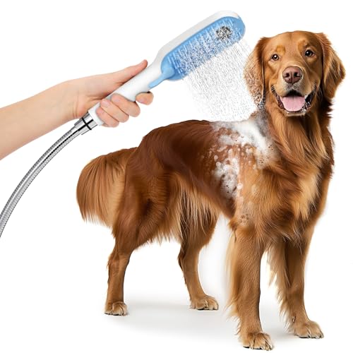 SR SUN RISE Dog Shower Attachment for Thick Haired Dogs, 4 Spray Mode Pet Bath Sprayer with Stainless Steel Diverter Valve & 6.5 Foot Hose, Indoor & Outdoor Dog Washing Grooming Supplies, Blue/White