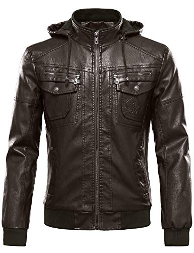 Tanming Men's Fleece Lined Motorcycle Pu Faux Leather Jacket With Removable Hood (X-Large, Coffee) #TOP28