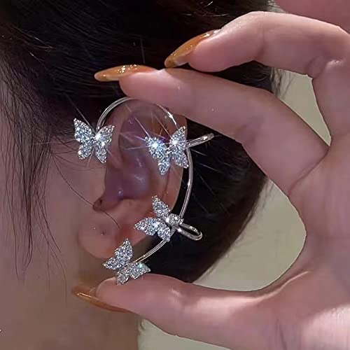 Butterfly Ear Cuffs Earrings Rhinestone Butterfly Ear Wrap No Piercing Ear Cuff Clip On Earrings for Women (Silver) - Thumbnail 2
