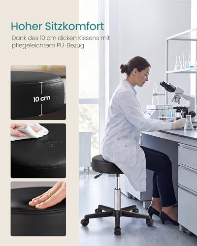 SONGMICS Drehhocker auf Rollen, höhenverstellbarer Rollhocker, 46-58 cm, mit Kunstleder bezogener Sitz, Arbeitshocker für Kosmetikstudios, Friseursalons, Büros, Praxen, schwarz LJB61B