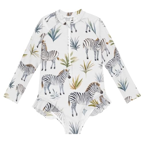 ALAZA Swimsuit for Girls Long Sleeve Rashguard Bathing Suit Zebra Leaf Quick Dry 4T