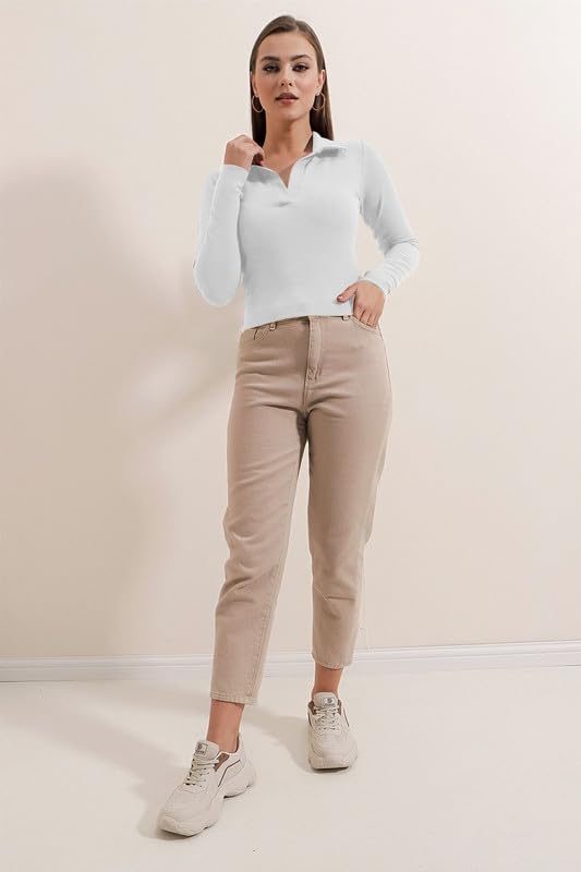 Image of Dream Beauty Fashion Women's Collared Neck Long Sleeve Slim Fit Casual Tee Top, 23 inch inches (Apple-01-P)