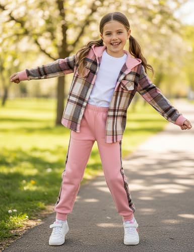Girls Clothes Fall Outfits Classic Flannel Plaid Soft Cozy Hoodies for Girls Sweatshirt Sweatpant 2pcs Sets 7-14Y3