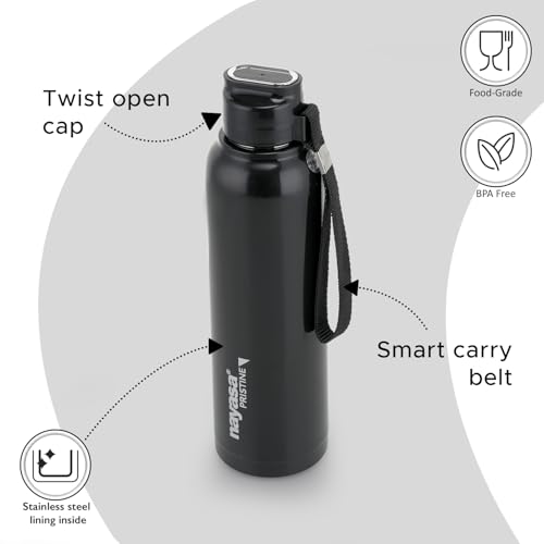 Image of Nayasa Pristine 700ml Water Bottle | BPA-Free Plastic with Insulated Stainless Steel Inner | Leak-Proof Twist Cap | for Office, School, Gym, Travel, and Outdoor Use | Black
