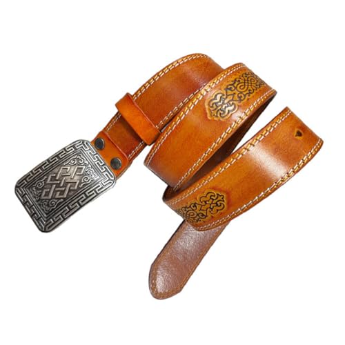KJOLWHCQ Cinturón unisex retro estilo western - Cuero genuino cosido, estampado floral en relieve con hebilla cuadrada plateada (para hombre y mujer)(Orange,115cm/45)