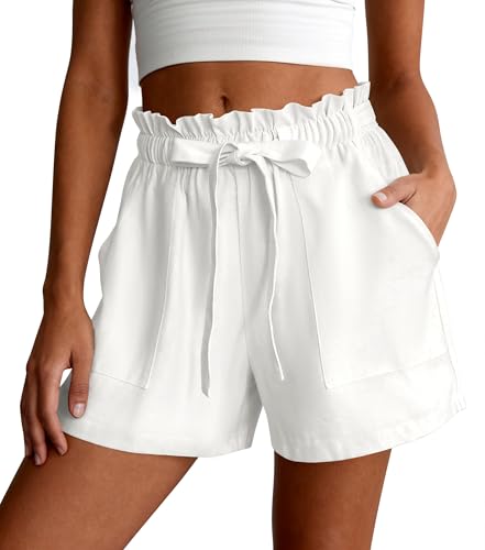 PRETTYGARDEN Summer Shorts for Women Casual Ruffle Drawstring High Waist Wide Leg Comfy Lounge Shorts Beach Vacation Cruise Outfits(White M)