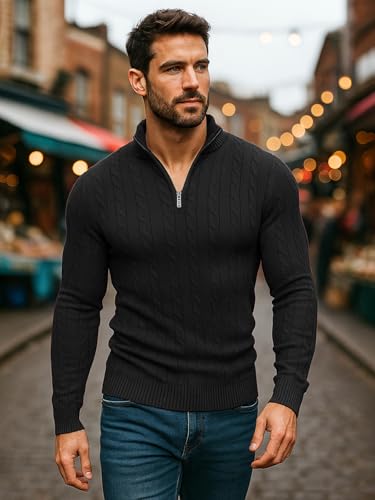 Image of TYSORT Men High Neck Zipper Full Sleeve Cable Knitted Winter Sweater,Cable Knit Sweater for Men