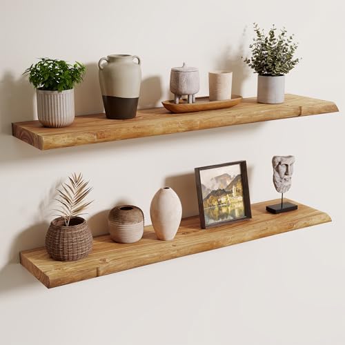 Image of Axeman 36 inch Floating Shelves for Wall Live Edge, Natural, 2PCs | 8'' D Rustic Solid Elm Wood, Wall Mounted, Invisible Bracket, Living Room Bedroom Kitchen