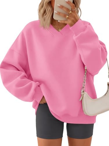Fisoew Sweatshirt Damen Langarm Pullover V-Ausschnitt Langarmshirt Oversized Casual Oberteile Locker Basic Pulli Einfarbig Top