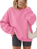 Fisoew Sweatshirt Damen Langarm Pullover V-Ausschnitt Langarmshirt Oversized Casual Oberteile Locker Basic Pulli Einfarbig Top Rosa L