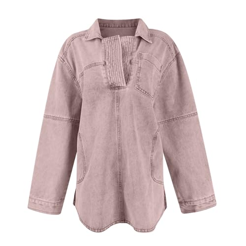COTECRAM Womens Denim Tops Pullover Trendy Casual V Neck Loose Fit Long Sleeve oversized Jean Shirts Jacket with Pocket2