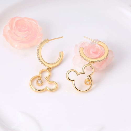 Mouse Earrings for Women Sterling Silver Plated Gold Mouse Open Hoop Earrings Sparkling CZ Lucky Cute Mini Stud Earrings Animal Fashion Hypoallergenic Princess Jewelry Gifts for Daughter Birthday2