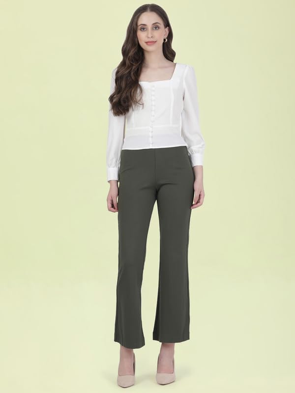 Image of GO COLORS Soft Cotton Stretch Flared Pant Full Length for Women| Breathable, High Rise