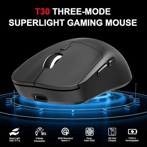 Dpofirs Multi Mode Gaming Mouse | 2.4G BT5.4 Wired 3 Way Connectivity, 6400DPI & 6 Buttons Design for PC Laptop (T30 Black) - 2