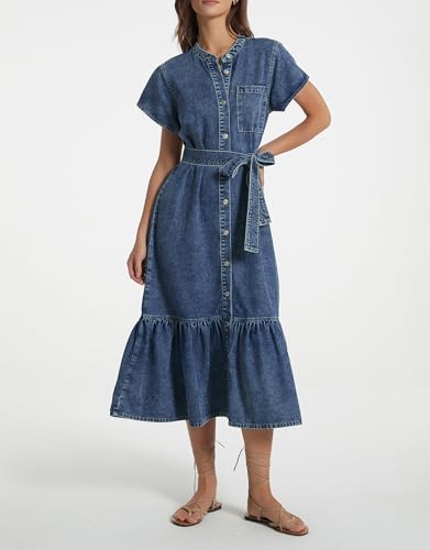 Kedera Summer Button Down Denim Shirt Dresses for Women Maxi Ruffle Short Sleeve Flowy Tiered Beach Sun Dress2