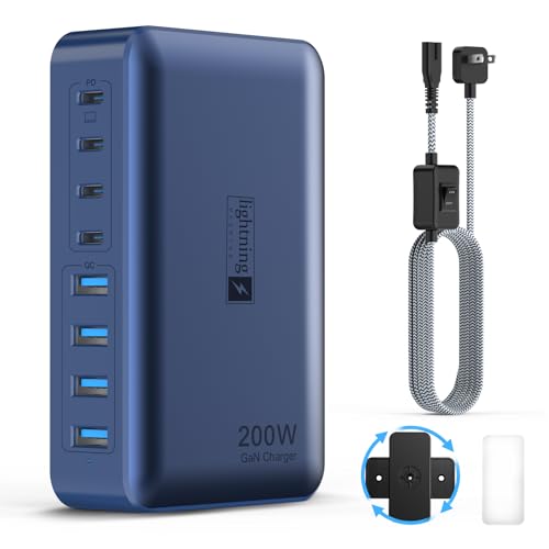 8-Port iPhone Charger Fast Charging 200W with Flat Plug, Braided Power Cord, and On/Off Switch- USB Charging Hub for iPhone, iPad, MacBook and More- 65W C Port Power Adapter for Laptops