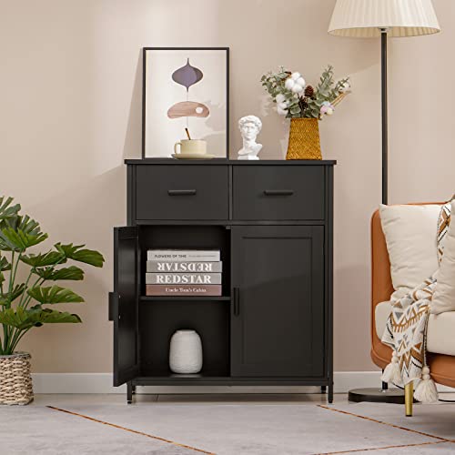Usikey Storage Cabinet, Industrial Floor Cabinet With 2 Drawers & Doors, Freestanding Storage Cabinet With 1 Shlef & Metal Frame, Sideboard, Accent Cupboard For Living Room, Bedroom, Kitchen, Black #TOP1