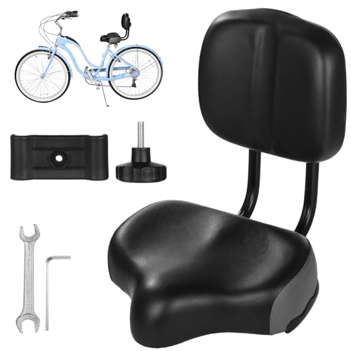 Bike Seat with Backrest - Oversized Bicycle Saddle with Back Support, Wide Bike Padded PU Cushion Saddle, Universal Saddle Replacement for Tricycle, Height Adjustable, Black-Gray