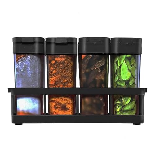 Image of PAXCOO 4Pcs Set Air tight Masala Box Transparent Spice Storage Jar For Kitchen Masala Container With Tray,Easy Flow Spice Multi Storage Container Food-Grade Plastic,Multipurpose,Kitchen(Black)