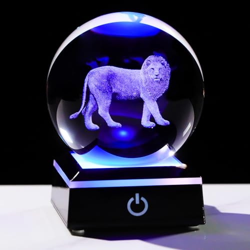 Arikyrist 3D Lion Figurine Crystal Ball with LED Base Laser Lion Gifts for Men Women on Christmas Birthday Decorative Lion Statue Ball Glass Animals Globe Night Light for Home Decor (80mm)