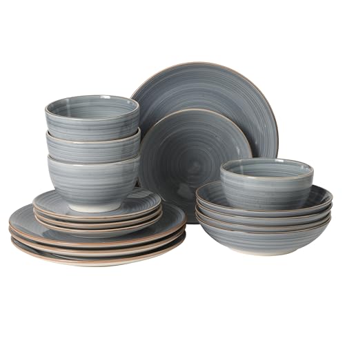 Image of Gibson Home Stonebury 16 Piece Plates and Bowls Blue Dishes - Handpainted Stoneware Dinnerware Set - Service for 4