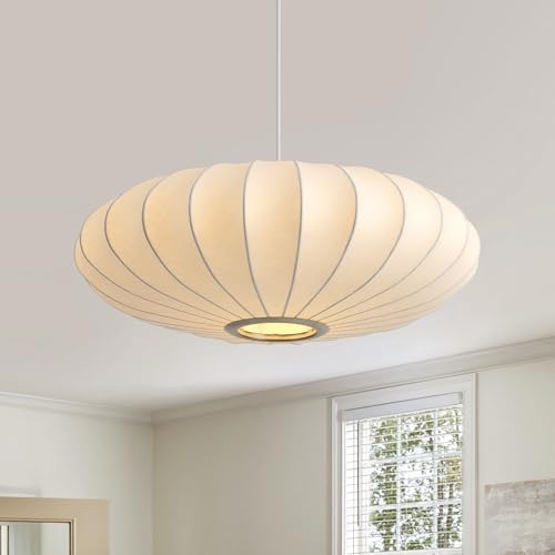 Image of 20 Inch Lantern Pendant Light, White Imitation Silk Lampshade, Bubble Pendant Light Fixture Ceiling Hanging Lamp Chandelier for Living Dinning Room Kitchen Island Bedroom Restaurant Cafe