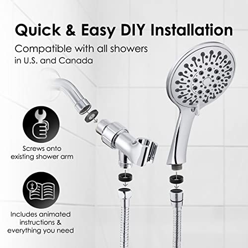 Aquarius Handheld Chrome Shower Head With Hose (Extra Long) Luxury Spa Grade High Pressure Hand Held Shower Wand With 6 Spray Settings - Adjustable Brass Ball Holder & Teflon Tape #TOP5