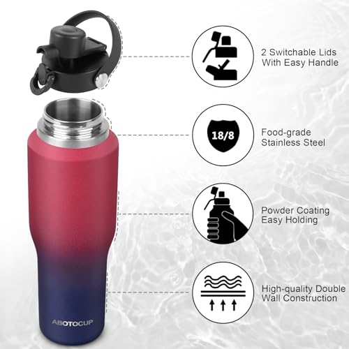 Image of ABOTOCUP 32oz Water Bottle with Powder Coated, Fit in Any Car Cup Holder, Water Bottle with Straw Lids, Stainless Steel Insulated Water Flask Double Wall Leak-proof BPA Free to Keep Cold&Hot