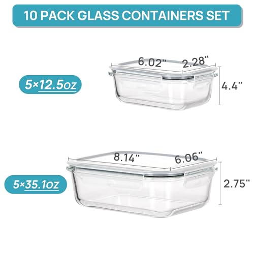 Vtopmart 10-Pack Airtight Glass Meal Prep Containers with Snap Lock Lids