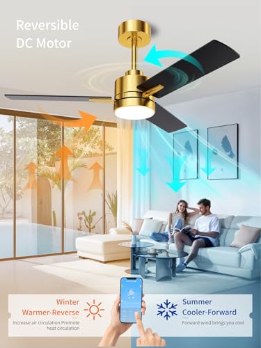 Image of LANMEL 42'' Black and Gold Ceiling Fans with Lights and Remote, 6 Speed Low Profile Modern Ceiling Fan with Quiet DC Motor for Indoor Outdoor Bedroom Living Room