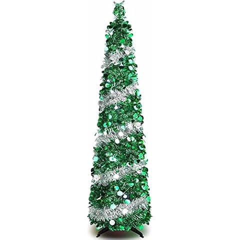 WINOK Zusammenklappbarer Künstlicher Weihnachtsbaum 150 cm, Pop Up Weihnachtsbaum, Schlanke Lametta Weihnachtsbaum Pre Lit Für Home Party Indoor Outdoor Weihnachtsdekoration Cover