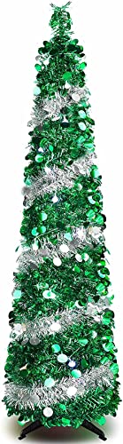 WINOK Zusammenklappbarer Künstlicher Weihnachtsbaum 150 cm, Pop Up Weihnachtsbaum, Schlanke Lametta Weihnachtsbaum Pre Lit Für Home Party Indoor Outdoor Weihnachtsdekoration Cover