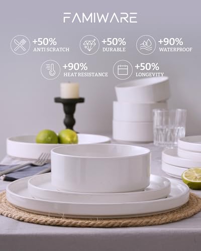 Image of Famiware Nebula Plates and Bowls Set, 12 Pieces Dinnerware Sets, Dishes Set for 4, White with Colorful Speckles