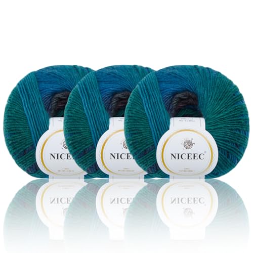 Image of NICEEC 3 Skeins Rainbow Soft Yarn 100% Wool Gradient Multi Color Yarn for Crocheting Knit Total Length 180mx3(196ydsx3,50gx3)-8#