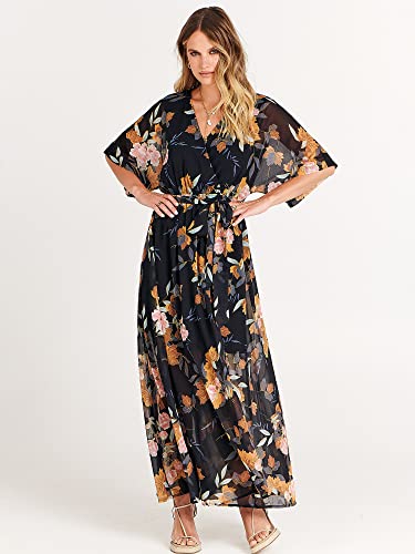 Image of ANRABESS Womens Boho Floral Wedding Guest Maxi Dress | Flowy A-Line Chiffon with Slit, Elegant V Neck Wrap Elastic Waist, Casual 1 /2 Sleeve Spring Summer Outfits, Tea Party