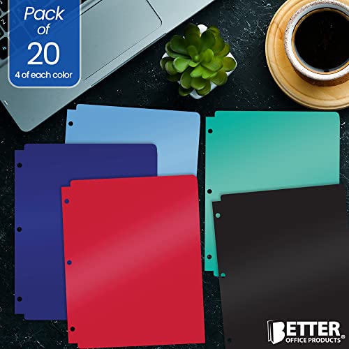 3 Hole Punch Pocket Folders, 20 Pack Bulk Folders, Sturdy Plastic 2 Pocket Folders, Assorted Primary Colors, Letter Size, With Business Card Slot, By Better Office Products, 20 Count #TOP3