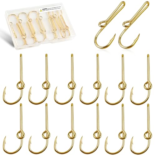 OROOTL Fishing Hooks Hat Pins, 12pcs High Carbon Steel Fish Hook Hat Clips Anti-Rust Tie Clips Clasp with Baseball Decoration for Fishing Tackle, Golden