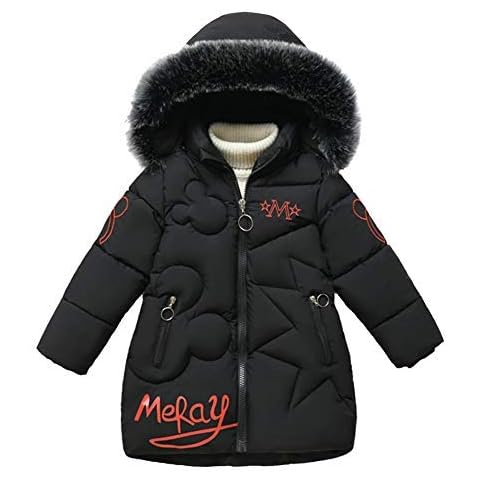 LPATTERN Kids Girls Winter Puffer Coat Thickened Winter Coat Warm Padded Jacket School Parka Casual Quilted Coat Snow Jacket with Faux Fur Trim Hood,Black,5-6 Years Cover