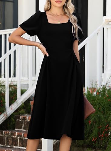 Image of Happy Sailed Women's Summer Short Sleeve Square Neck Ruched Waist Flowy A Line Midi Cocktail Party Dress