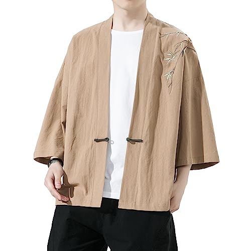Image of Mens Kimono Cardigan Cotton Linen Japanese Shirt 3 /4 Sleeve Haori Yukata | Skin-Friendly Solid Color Lightweight Shawl Collar Kimono Robe Embroidery Button Tie Pockets Happi Coat All Season Daily Wear