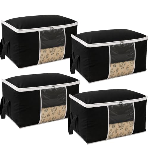 Image of Non-Woven Side Handle Underbed Storage Bags | Pack of 4 | Durable Foldable Organizer for Blankets, Comforters, Quilts & Seasonal Clothing | Dustproof, Moisture-Resistant Storage (Black)