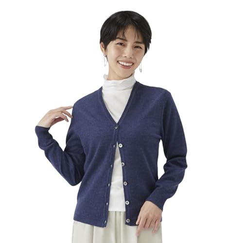 [Lサイズ]日本製 カシミヤ100% レディース Vカーディガン インディコブルー 90805